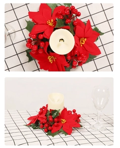 Detail view of a Christmas candle ring with red poinsettias berries and LED pillar candle