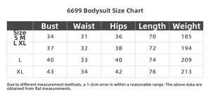 Detailed size chart for women's yoga jumpsuit including bust, waist, and hip measurements