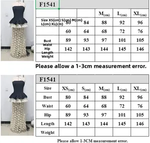 Size chart for black and white strapless evening dress with detailed measurements in cm