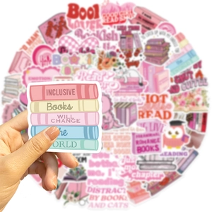 Pink Bookish stickers set featuring five stacked books with inclusive reading theme quotes