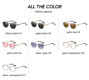 Detailed grid of metal fashion sunglasses showing various frame colors and lens tints