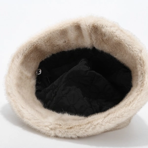 Interior view of fuzzy plush bucket hat with quilted lining and adjustable drawstring