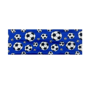 Close-up of blue moisture-wicking elastic fabric with football patterns for sports headbands