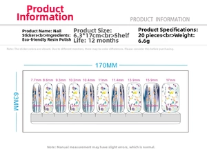 Detailed size chart for full wrap nail stickers showing 20 tips and dimensions in mm