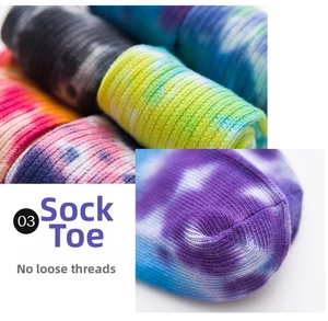 Macro shot of seamless toe stitching and vibrant tie-dye patterns on crew socks