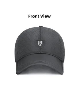 Detailed front view of charcoal quilted baseball cap with metal shield R logo emblem