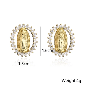 Size chart showing 1.3cm x 1.6cm dimensions for 18K gold plated Virgin Mary earrings