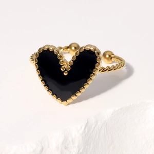 Adjustable golden stainless steel ring with black enamel heart and rope texture band