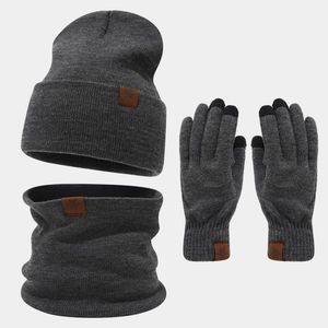 Three-piece dark grey winter set with knit beanie, neck warmer, and touchscreen gloves