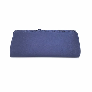 Detail of navy blue satin evening clutch bag featuring elegant pleated silk fabric design
