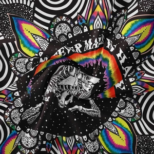 Psychedelic skull tapestry with rainbow rays and black and white ripple vortex patterns