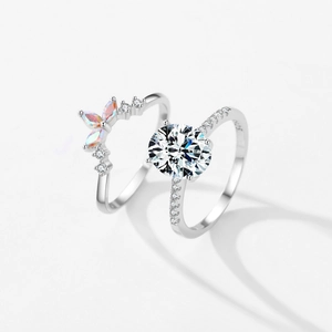 S925 sterling silver ring set with round zircon and iridescent marquise butterfly accent