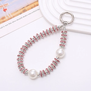 Luxury keychain with pink rhinestone beads and large white pearls on a silver ring