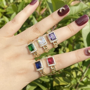 Gold chain ring set with square zircon stones in multiple colors for women fashion