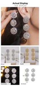Detailed view of long rhinestone flower dangle earrings with precise size measurements