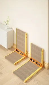 L-shaped foldable yellow scratching board for cats with built-in bell balls and sisal surface