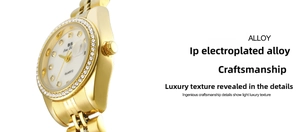 Close-up of women's gold-plated quartz watch with rhinestone bezel and mother of pearl dial
