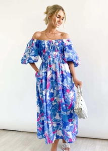 Detailansicht Maxikleid mit Blumendruck, Puffärmeln und elastischer hoher Taille