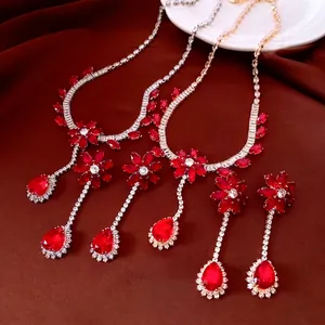 Copper Floral Necklace And Tassel Drop Earrings Zircon Flower Pendant French Vintage Palace Style Accessory For Women