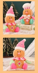 Detailed view of gingerbread man plush ornaments with sequins and chef hat for Christmas
