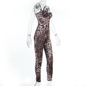 Detail shot of the form-fitting leopard print jumpsuit with adjustable spaghetti straps