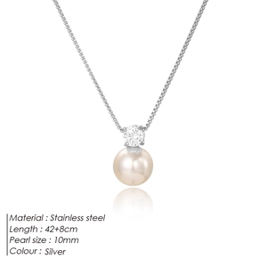 Detail view of 10mm pearl pendant on silver stainless steel necklace with specifications