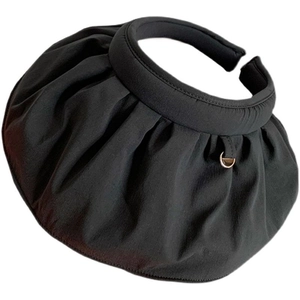 Close-up side view of black pleated shell visor sun hat with metallic ring detail