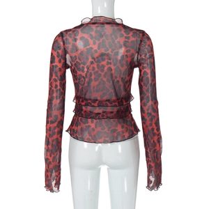Back view of mesh long sleeve top featuring red and black leopard print patterns
