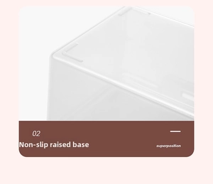 Detail view of transparent storage box featuring anti-slip and heightened bottom design