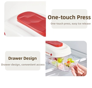 Close-up of the easy press-to-release button and convenient drawer ice storage design