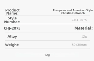 Detailed size specifications for alloy Christmas brooch showing 50x30mm dimensions and 12g weight