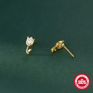 Elegant 925 sterling silver tulip flower stud earrings with gold plating and zircon stone