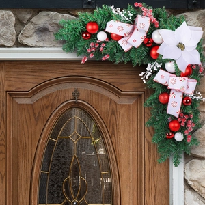 L-shaped Christmas garland with red ornaments, berries and white poinsettia for door frame