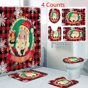 Detail of Christmas 4-piece bathroom set with buffalo plaid Santa Claus patterns