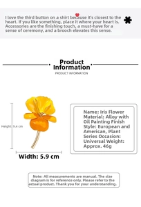 Detail view of yellow enamel iris flower brooch showing 9.4cm height and 5.9cm width