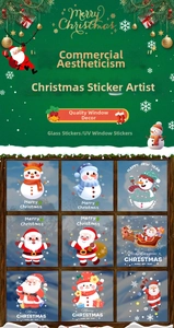 Detail showing various Christmas window stickers with Santa, snowman and reindeer designs