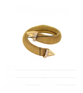 Detail of 18K gold mesh cuff bracelet with rhinestone triangles and size specifications