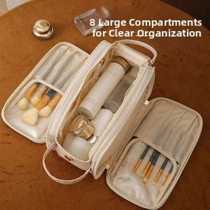 Macro shot of large capacity PU makeup bag with 8 compartments and brush storage