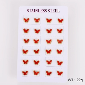 Set of 12 pairs of butterfly stud earrings in gold-tone stainless steel and red finish