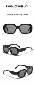 Detailed views of square black retro sunglasses with grey lenses and metal dot accents