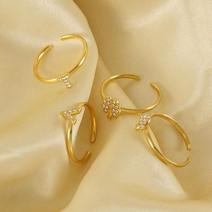 Adjustable 18K gold plated stainless steel rings with zircon accents and T-V patterns