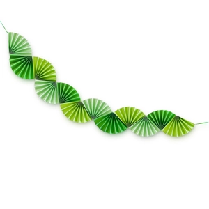 Close-up of cascading green gradient paper fan garland for party wall decoration