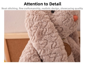 Close-up of soft beige plush rabbit with long ears and fluffy texture detail