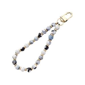 Beaded stone phone lanyard with black white grey beads and gold metal lobster clasp