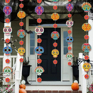 Day of the Dead skull and flower hanging garlands for Mexican party porch decoration