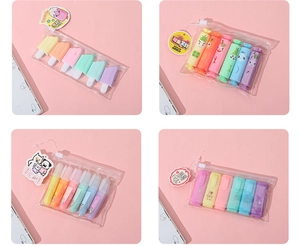 Detailed view of 6-pack mini highlighters in ice cream and candy shapes with PVC pouches