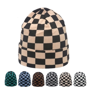 Checkerboard Pattern Knit Beanie Hat Acrylic Warm Cuffed Winter Streetwear For Women