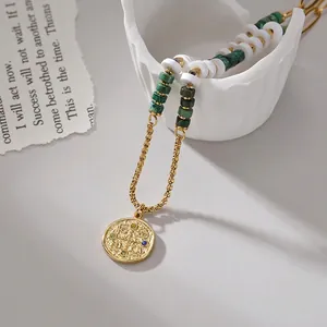 Bohemian gold stainless steel necklace with green beads and coin pendant