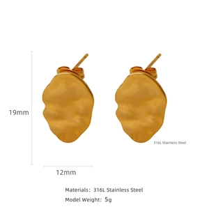 Irregular lava texture gold earrings in 316L stainless steel with size dimensions