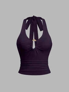 Sexy Purple Halter Neck Tank Top Women Slim Fit Ruched Tie Up Metal Ring Cropped Cami Summer Sleeveless Backless Clubwear